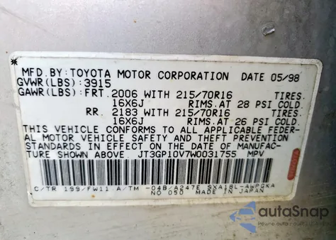 1998 Toyota Rav4 from USA, damaged, VIN JT3GP10V7W0031755